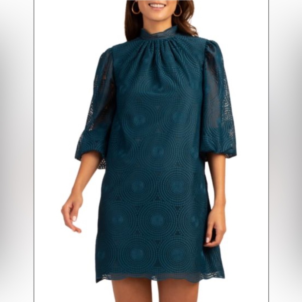 Trina Turk Teal Lace Long Sleeve Shift Dress